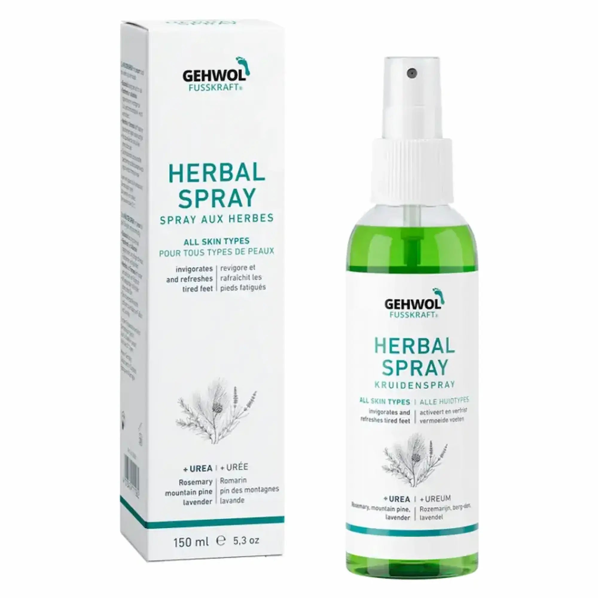 Bouteille et emballage du spray aux herbes Gehwol Fusskraft, 150 ml, pour rafraîchir les pieds fatigués et prévenir les odeurs.