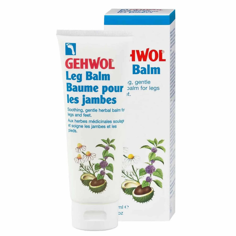 Tube blanc et bleu du baume pour les jambes Gehwol de 125ml, montrant une texture crème, conçu pour apaiser et rafraîchir les jambes fatiguées.