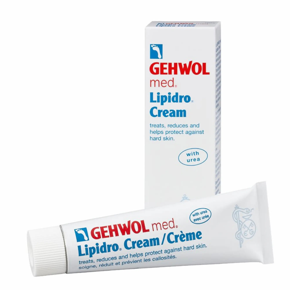 Tube de crème Gehwol Lipidro pour pieds très secs et sensibles, soin professionnel hydratant à l'urée sur fond blanc