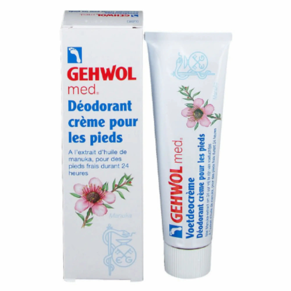 Tube de déodorant crème pour les pieds Gehwol Med 75ml, protection intensive contre les odeurs et la transpiration, format professionnel sur fond blanc.