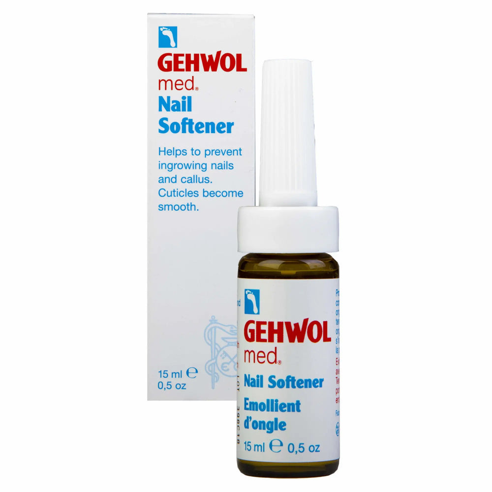 Flacon compte-gouttes Gehwol Med Émollient d'ongle 15 ml pour assouplir les cuticules et prévenir les ongles incarnés, fond blanc.