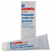 Petit pot ou tube blanc et rouge 75ml, de la pommade Gehwol Med contre les gerçures et crevasses, pour le soin intensif des talons très secs.