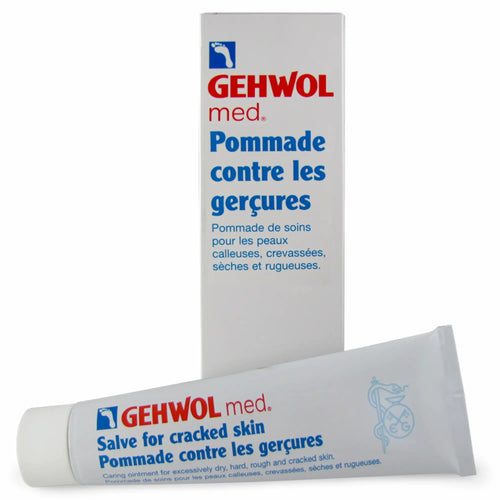 Petit pot ou tube blanc et rouge 75ml, de la pommade Gehwol Med contre les gerçures et crevasses, pour le soin intensif des talons très secs.