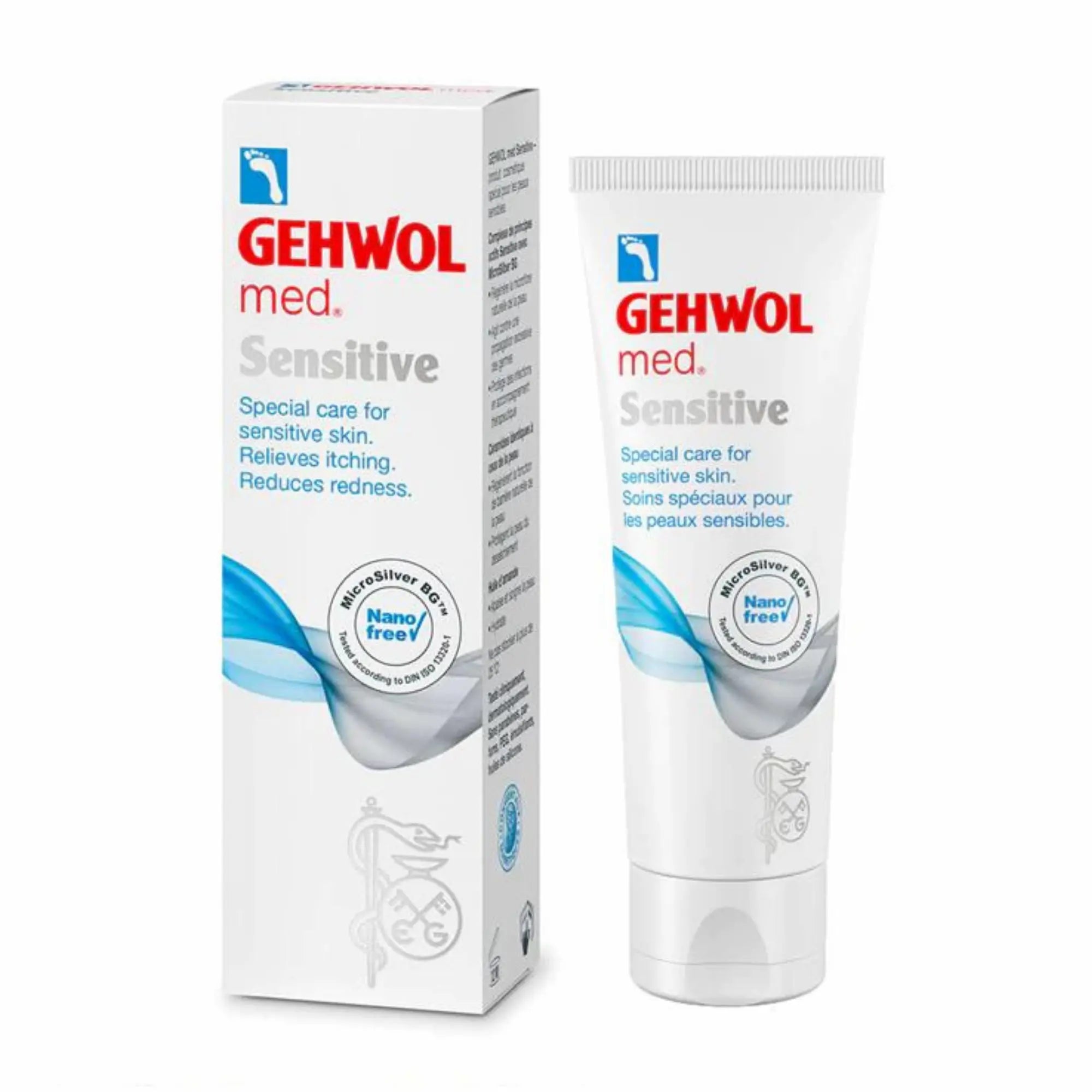 Tube et boîte de crème Gehwol Med Sensitive pour peaux sensibles, soin contre les démangeaisons et rougeurs avec MicroSilver BG, sans nanoparticules.
