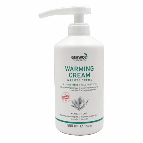 Tube de crème chauffante Gehwol Fusskraft Rouge 500ml  pour pieds froids et secs, montrant l'emballage professionnel avec mention de stimulation de la circulation.