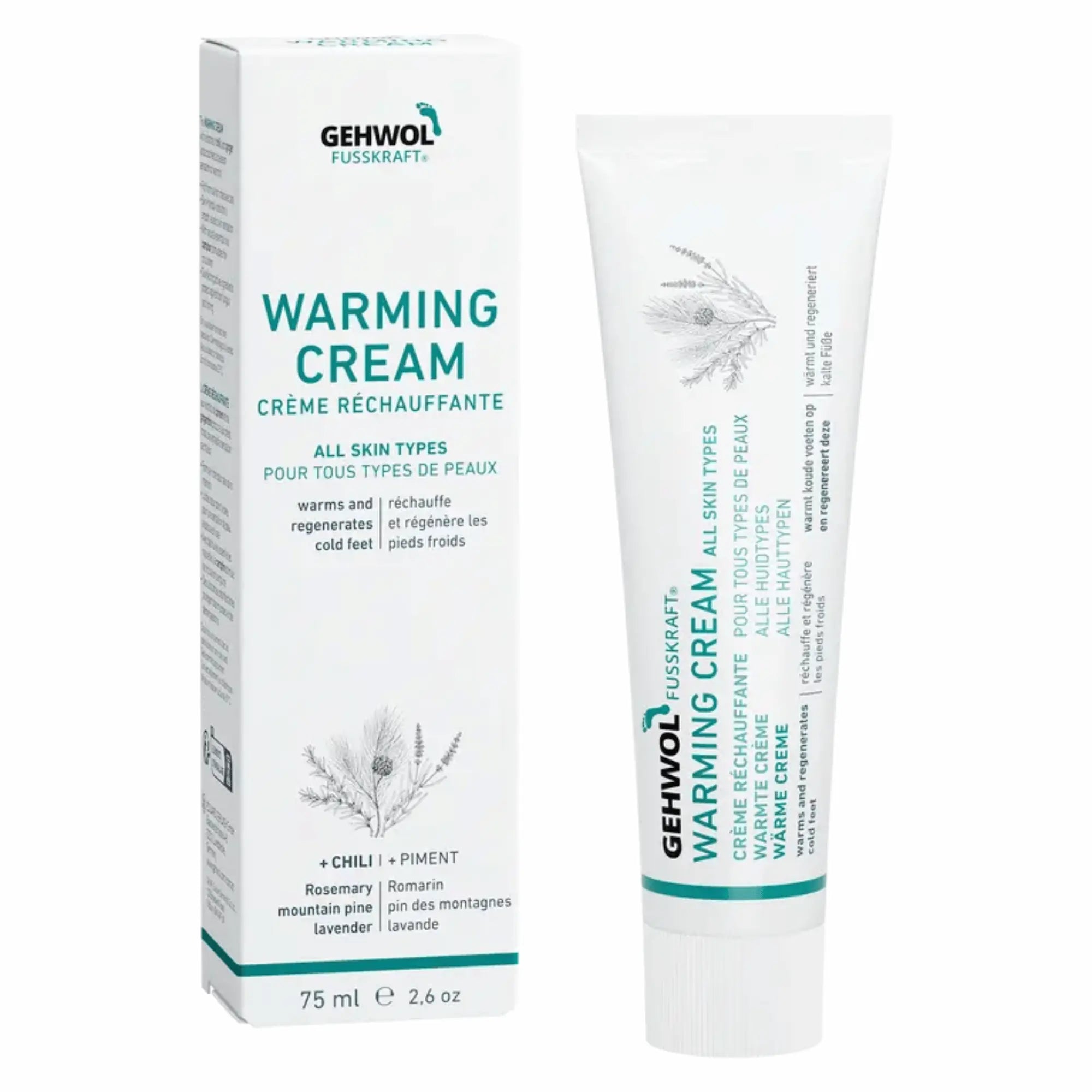 Tube de crème chauffante Gehwol Fusskraft Rouge 75ml pour pieds froids et secs, montrant l'emballage professionnel avec mention de stimulation de la circulation.