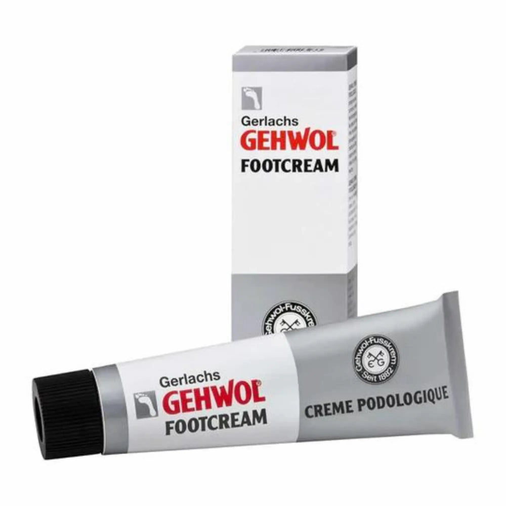 Tube de crème podologique Gerlach's Gehwol 75ml pour la protection contre les ampoules et les irritations des pieds, format professionnel sur fond blanc.