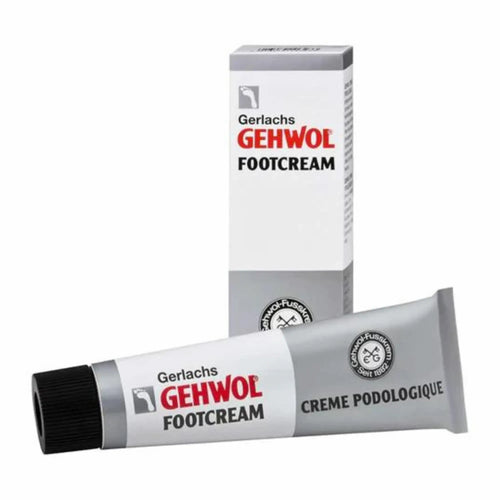 Tube de crème podologique Gerlach's Gehwol 75ml pour la protection contre les ampoules et les irritations des pieds, format professionnel sur fond blanc.