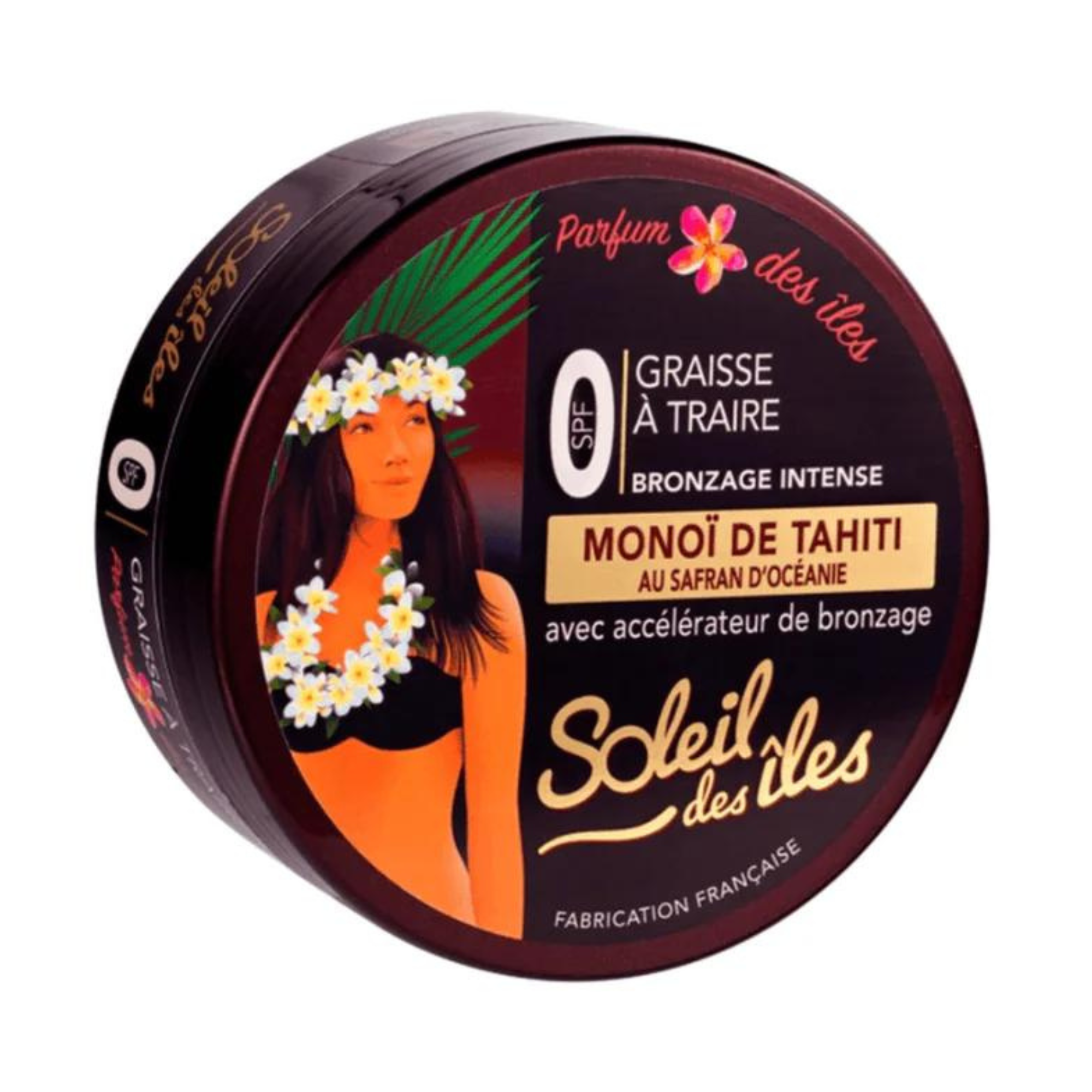 Pot de graisse à traire Ultra Bronzage au Monoï de Tahiti FPS 0, texture riche pour un bronzage tropical intense, fabrication française.