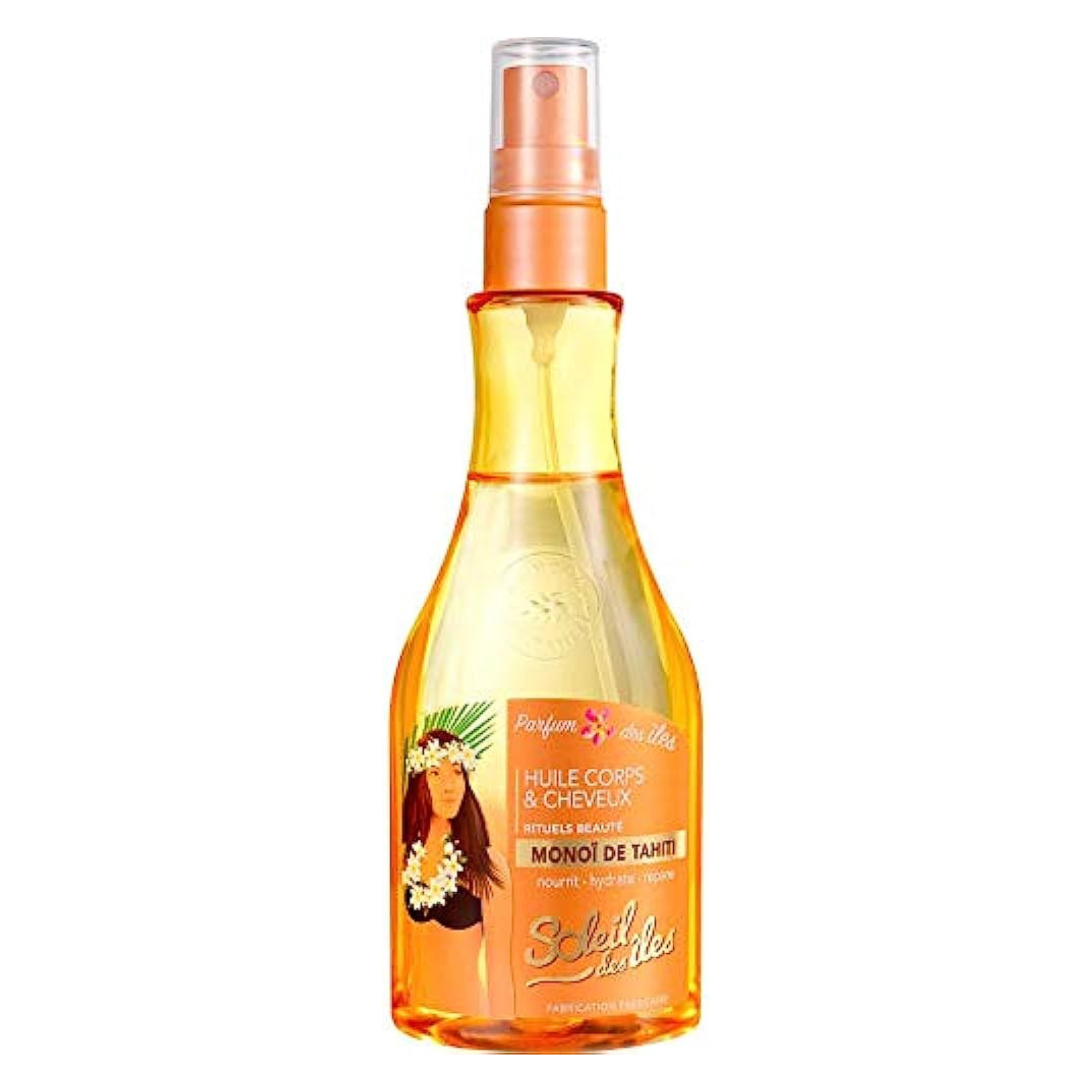 Flacon d'Huile Beauté Soleil des Iles au Monoï de Tahiti pour le corps et les cheveux, texture fluide et fini satiné, fabriqué en France.