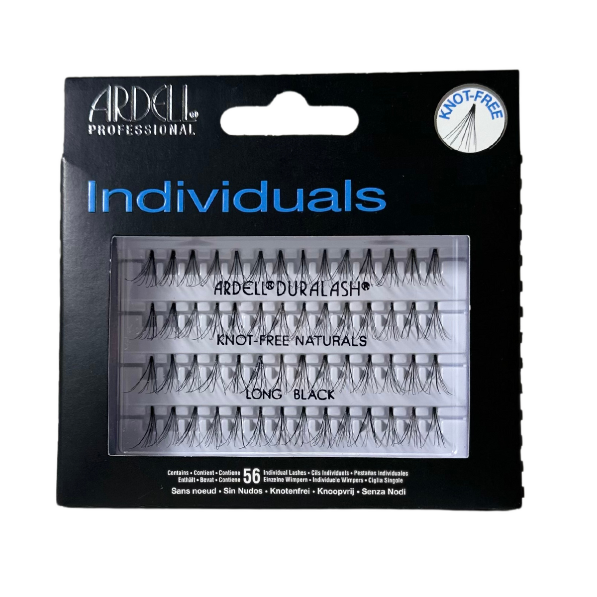 Boîtier de faux-cils individuels noirs Ardell sans nœud à la base de longueur large, montrant des touffes de cils soyeuses pour une application invisible et personnalisée.