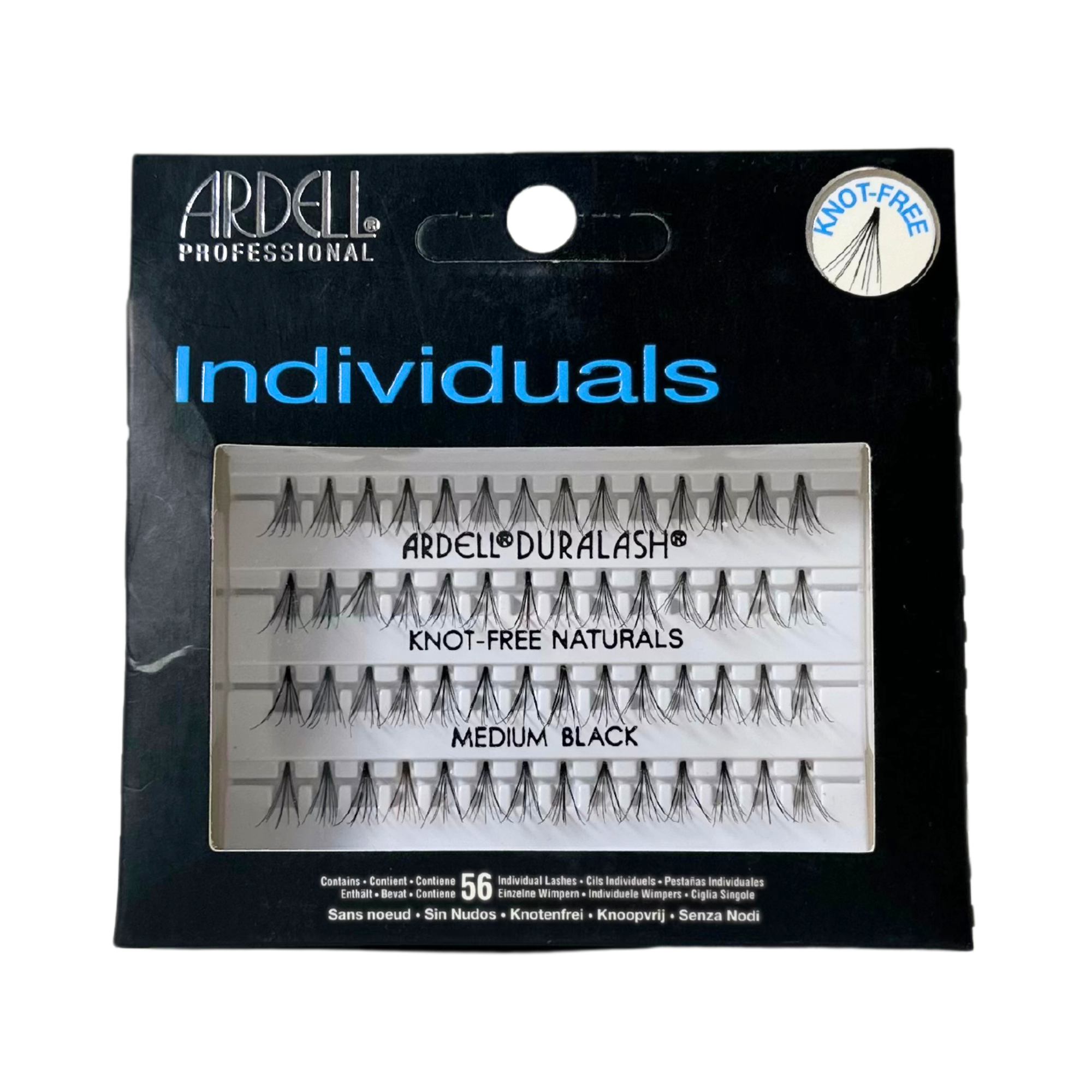 Boîtier de faux-cils individuels noirs Ardell sans nœud à la base de longueur moyenne, montrant des touffes de cils soyeuses pour une application invisible et personnalisée.