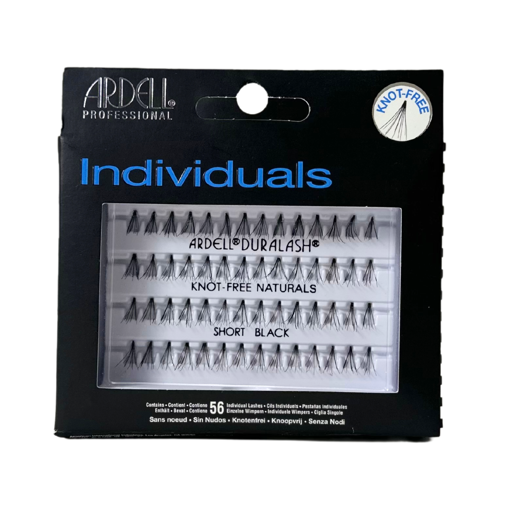 Boîtier de faux-cils individuels noirs Ardell sans nœud à la base de petite longue, montrant des touffes de cils soyeuses pour une application invisible et personnalisée.