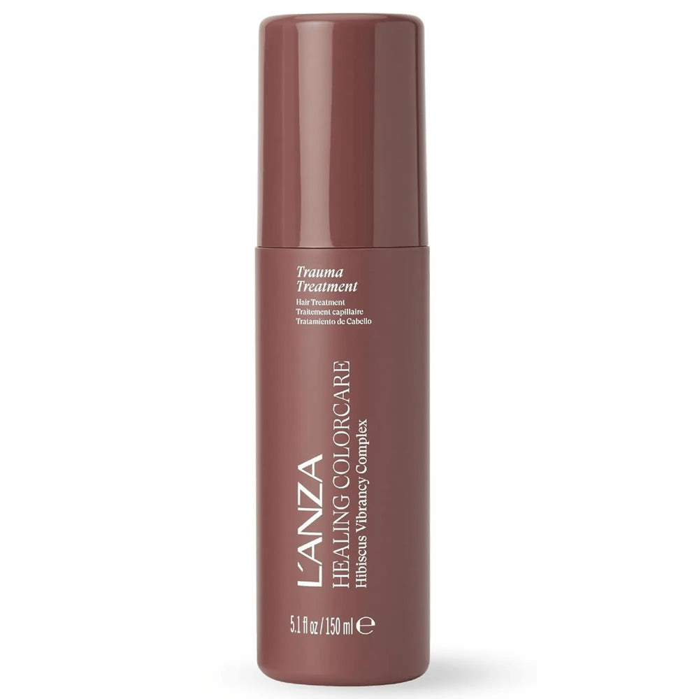 Flacon brun de traitement capillaire L'anza Healing ColorCare Trauma Treatment : revitalisant réparateur sans rinçage pour cheveux colorés et abîmés, contenant 150 ml.