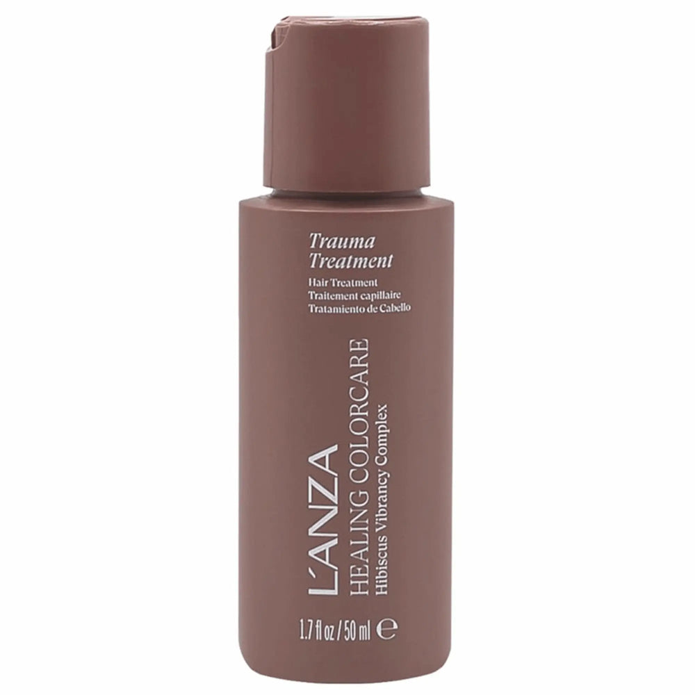 Flacon brun de traitement capillaire L'anza Healing ColorCare Trauma Treatment : revitalisant réparateur sans rinçage pour cheveux colorés et abîmés, contenant 50 ml.