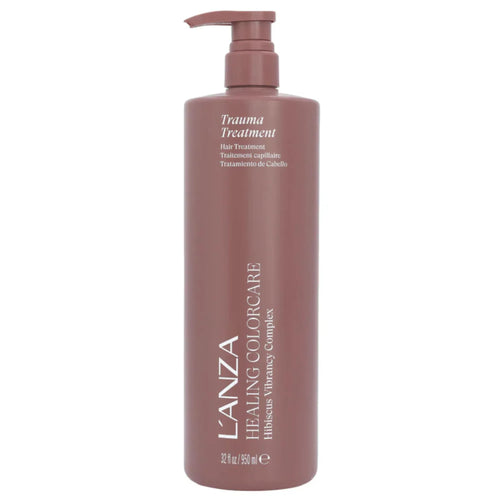 bouteille brune de traitement capillaire L'anza Healing ColorCare Trauma Treatment : revitalisant réparateur sans rinçage pour cheveux colorés et abîmés, contenant 950 ml.