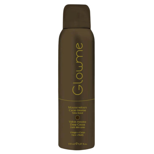 Bouteille pompe de 150ml de Mousse Velours Cacao Intense Glowme pour le visage et le corps, teinte foncée (Deep Cocoa) sur fond blanc.