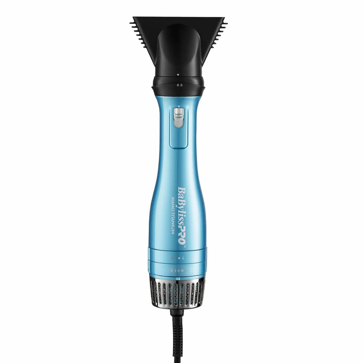 Produit BaBylissPRO Nano Titanium Brosse à air chaud et séchoir détachable 3-en-1 de couleur bleue, qui comprend une brosse ovale et deux embouts de séchoir.