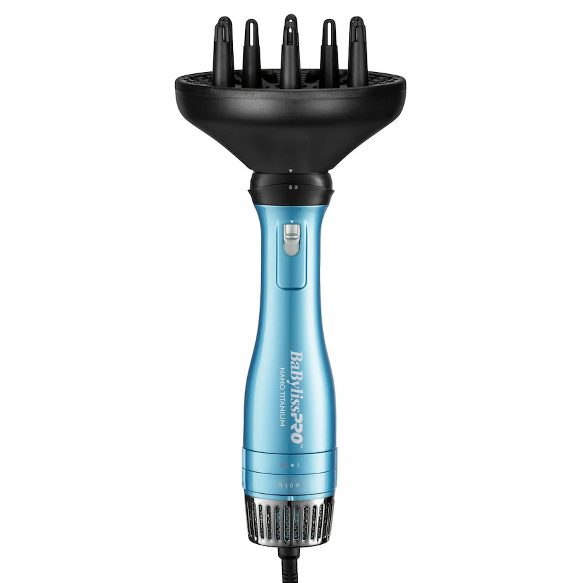 Produit BaBylissPRO Nano Titanium Brosse à air chaud et séchoir détachable 3-en-1 de couleur bleue, qui comprend une brosse ovale et deux embouts de séchoir.