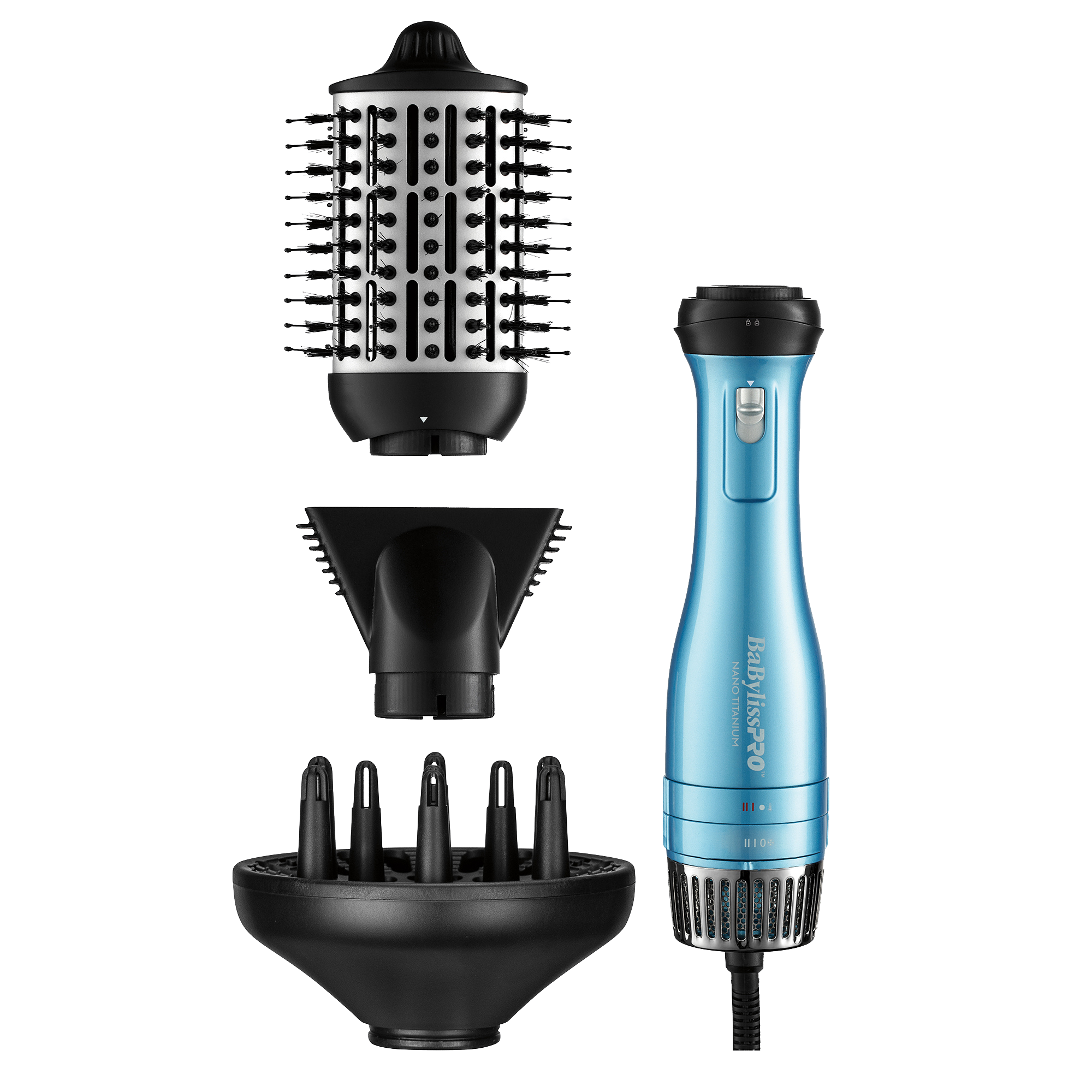 Produit BaBylissPRO Nano Titanium Brosse à air chaud et séchoir détachable 3-en-1 de couleur bleue, qui comprend une brosse ovale et deux embouts de séchoir.