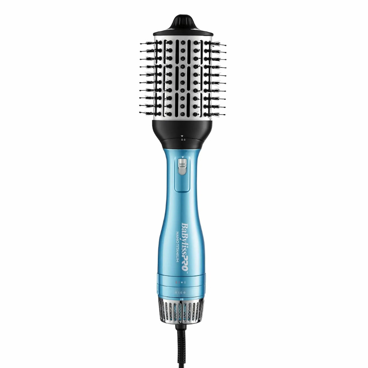 Produit BaBylissPRO Nano Titanium Brosse à air chaud et séchoir détachable 3-en-1 de couleur bleue, qui comprend une brosse ovale et deux embouts de séchoir.