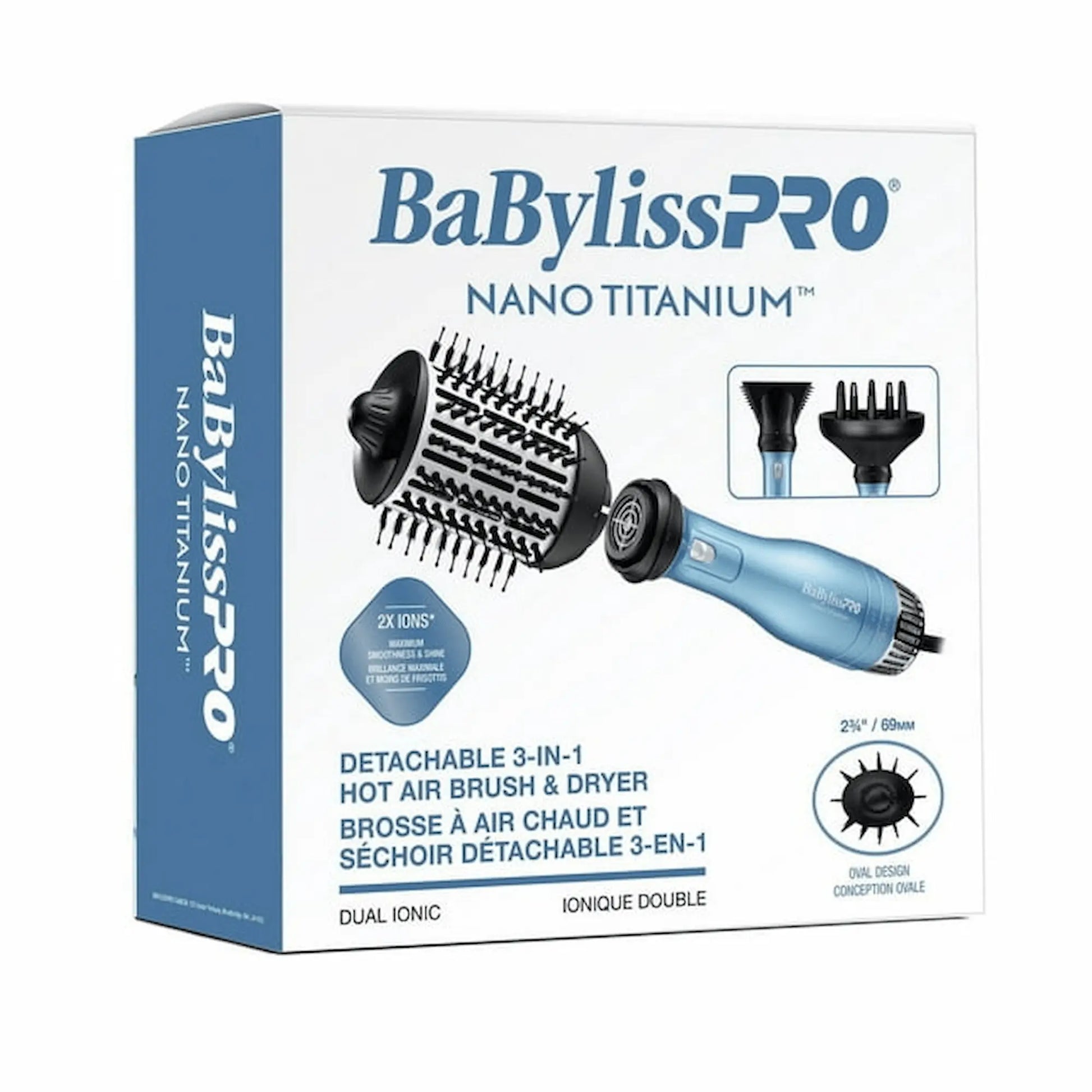 Produit BaBylissPRO Nano Titanium Brosse à air chaud et séchoir détachable 3-en-1 de couleur bleue, qui comprend une brosse ovale et deux embouts de séchoir.