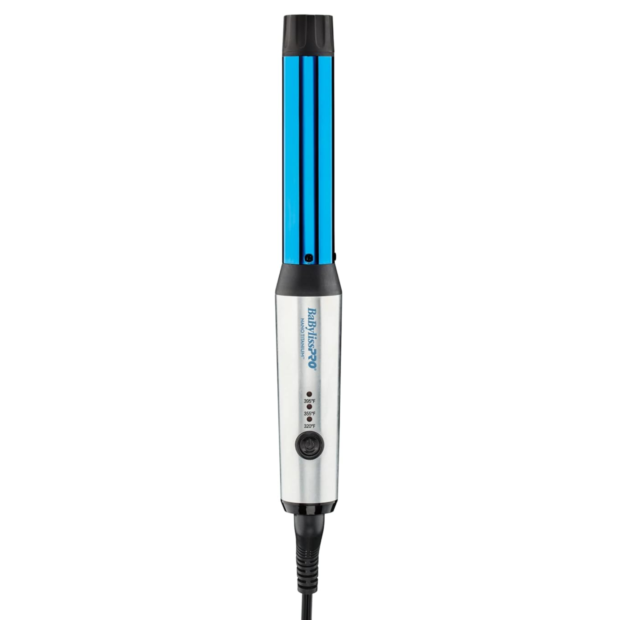 Thinking Baguette à boucler
compacte BaBylissPRO Nano Titanium de 1 po (25 mm) bleue et argentée, montrée avec son emballage blanc.