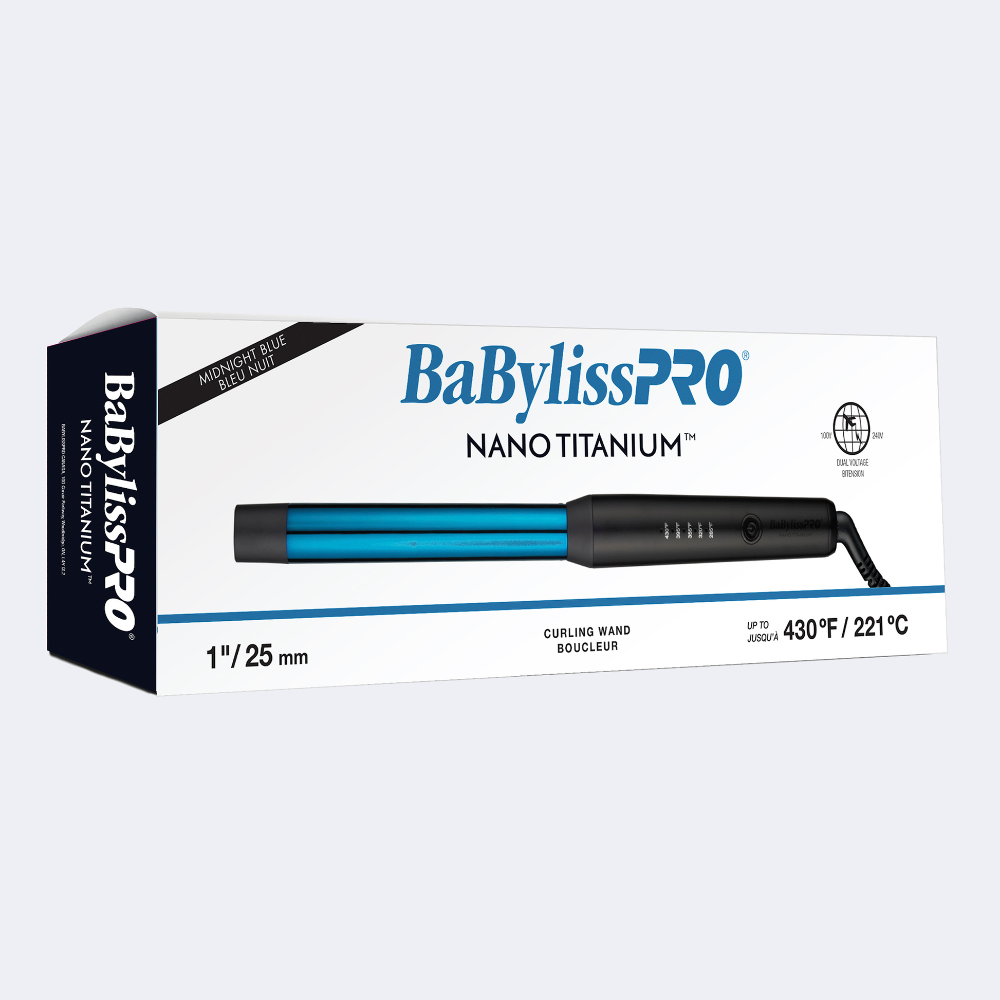 Boîte du Fer à friser ultra-mince BaBylissPRO Nano Titanium Midnight Blue de 1 pouce avec plaques bleues et manche noir mat affichant 5 réglages de température allant jusqu'à 430°F.