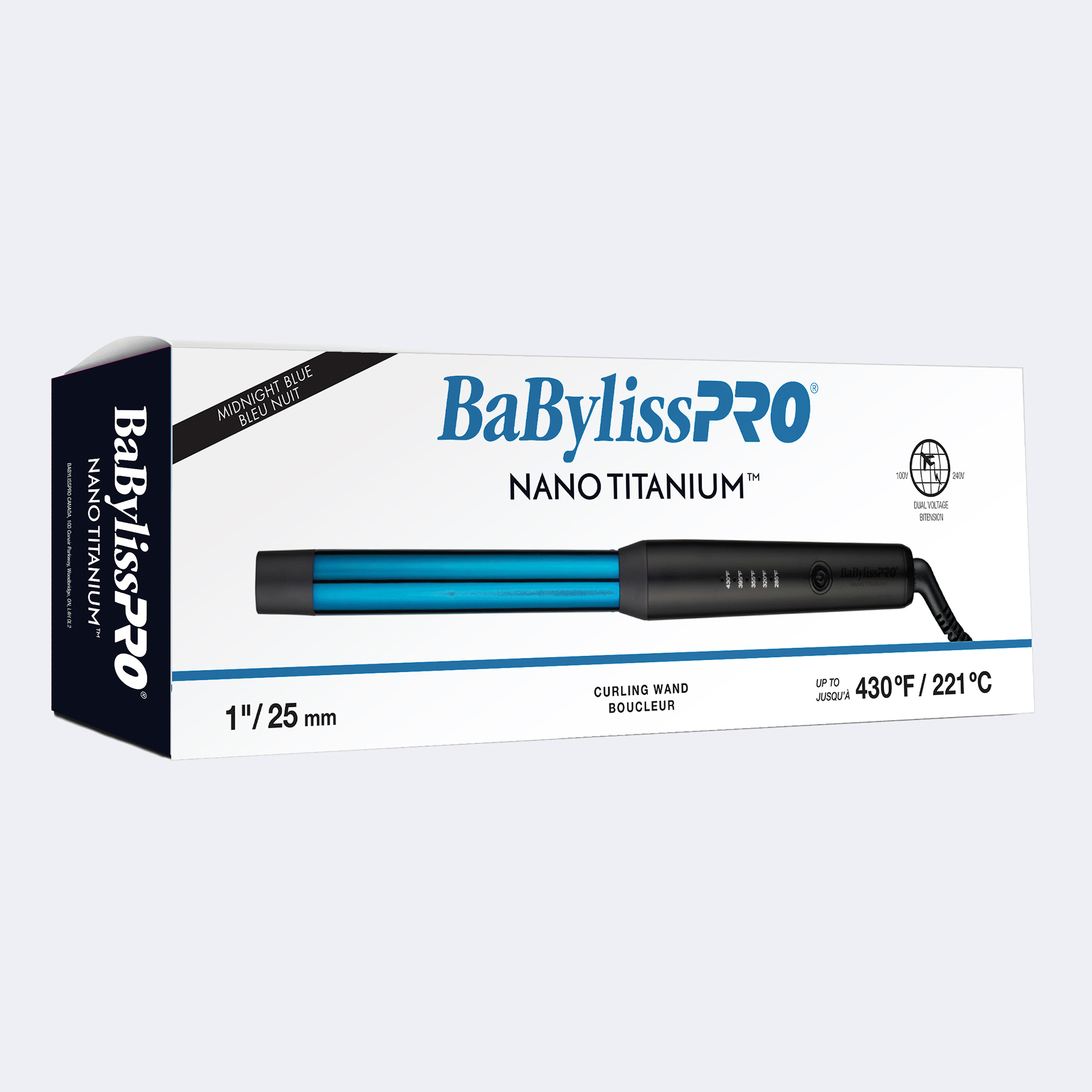 Boîte du Fer à friser ultra-mince BaBylissPRO Nano Titanium Midnight Blue de 1 pouce avec plaques bleues et manche noir mat affichant 5 réglages de température allant jusqu'à 430°F.