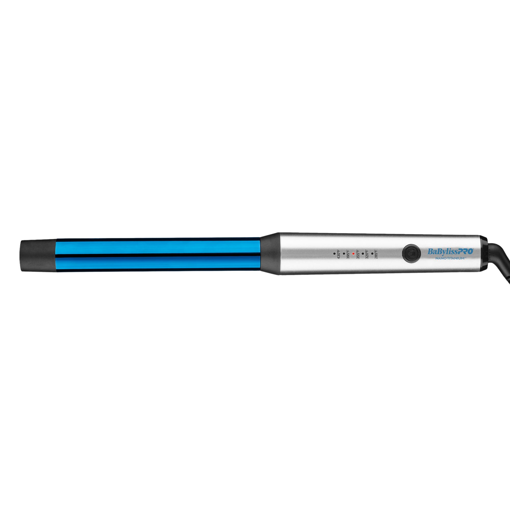 Fer à friser ultra-mince BaBylissPRO Nano Titanium Blue de 1 pouce avec plaques bleues et manche noir mat affichant 5 réglages de température allant jusqu'à 430°F.