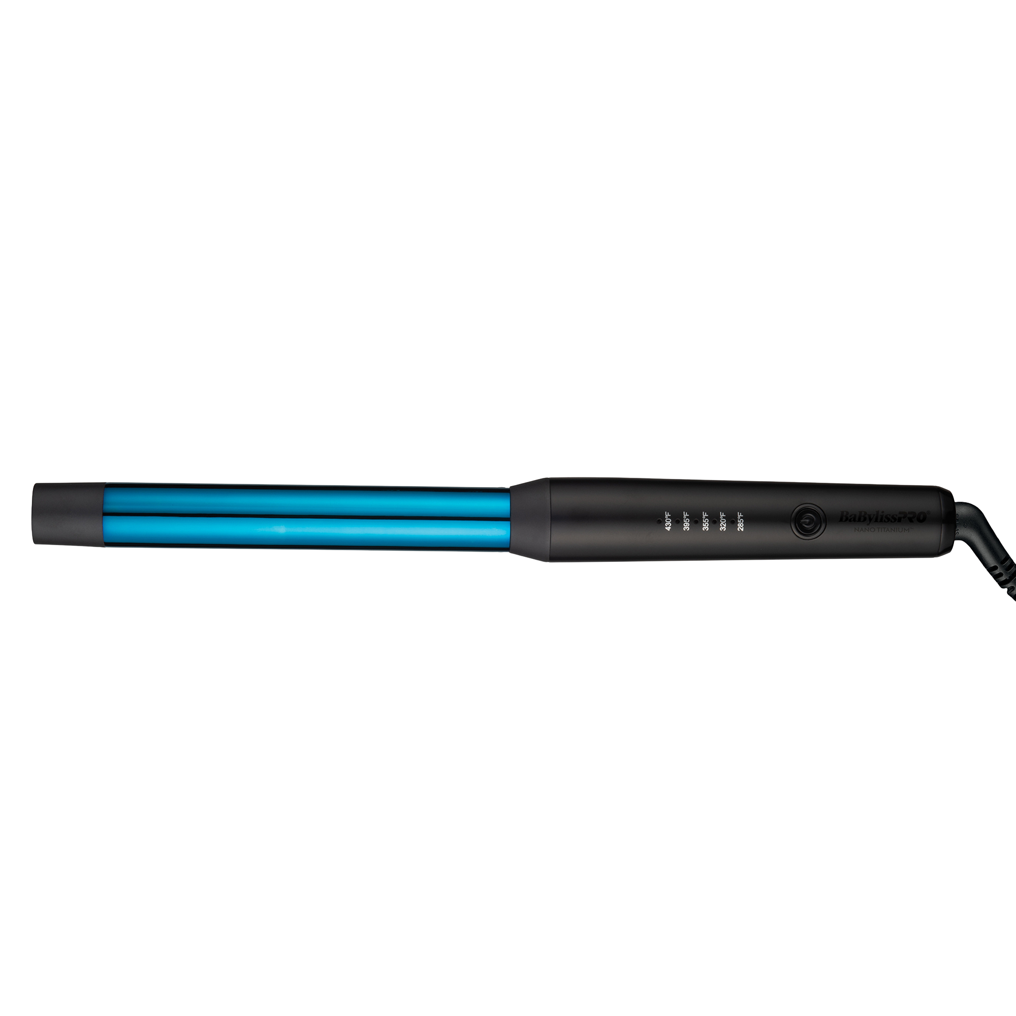 Fer à friser ultra-mince BaBylissPRO Nano Titanium Midnight Blue de 1 pouce avec plaques bleues et manche noir mat affichant 5 réglages de température allant jusqu'à 430°F.