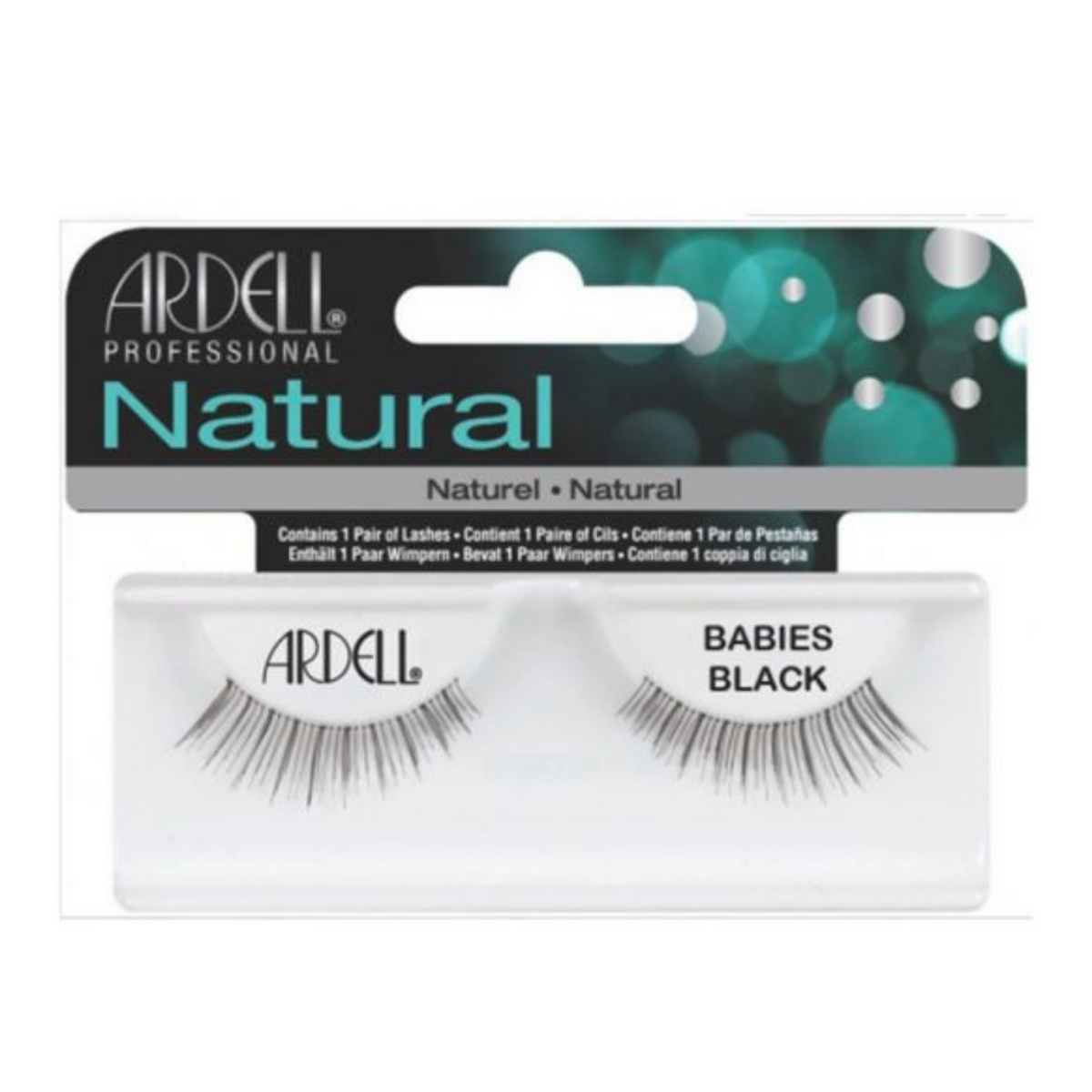 Boîtier transparent de la marque Ardell, modèle Natural Babies. Les faux-cils noirs sont posés sur un support blanc, montrant une bande invisible transparente pour un effet très naturel et court.