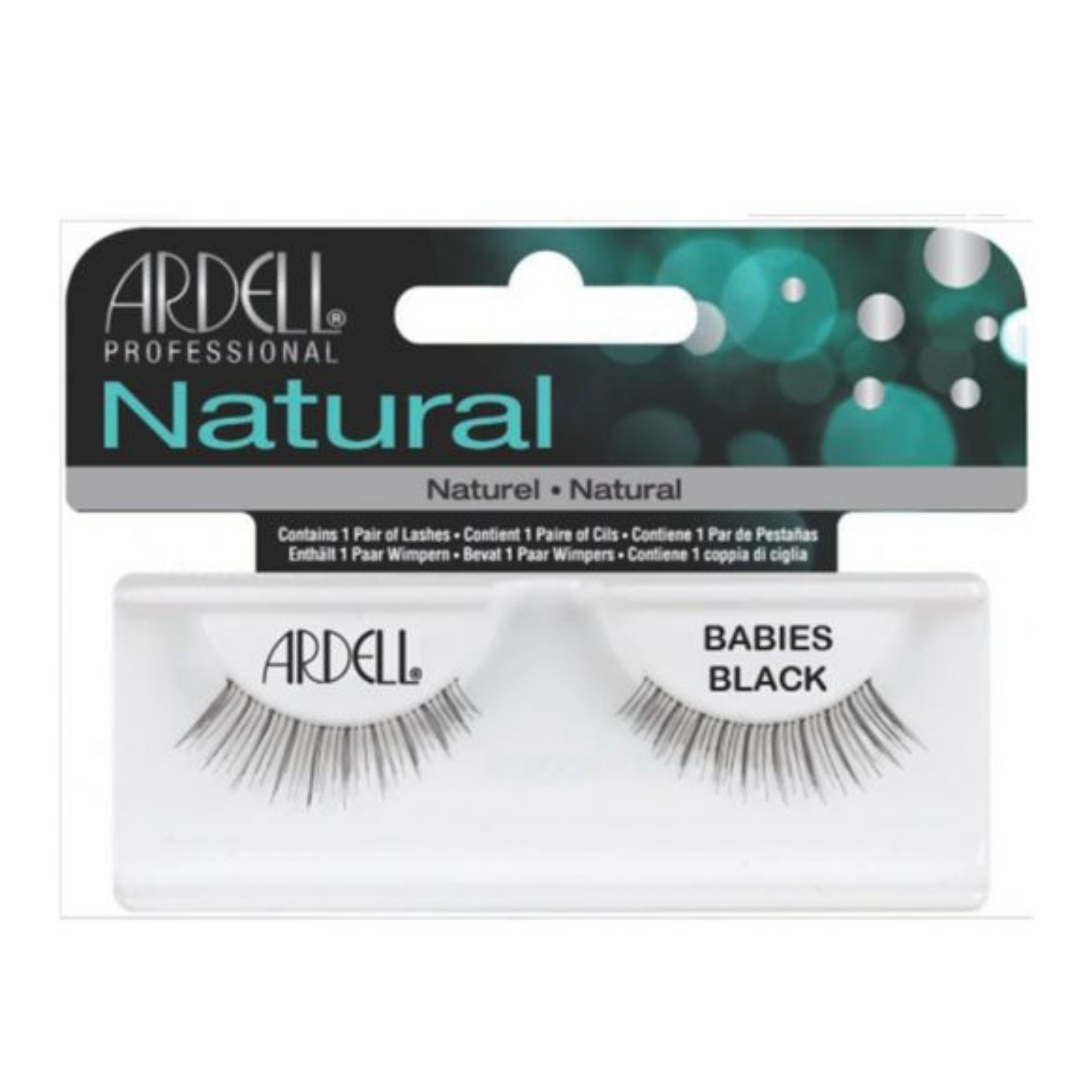 Boîtier transparent de la marque Ardell, modèle Natural Babies. Les faux-cils noirs sont posés sur un support blanc, montrant une bande invisible transparente pour un effet très naturel et court.
