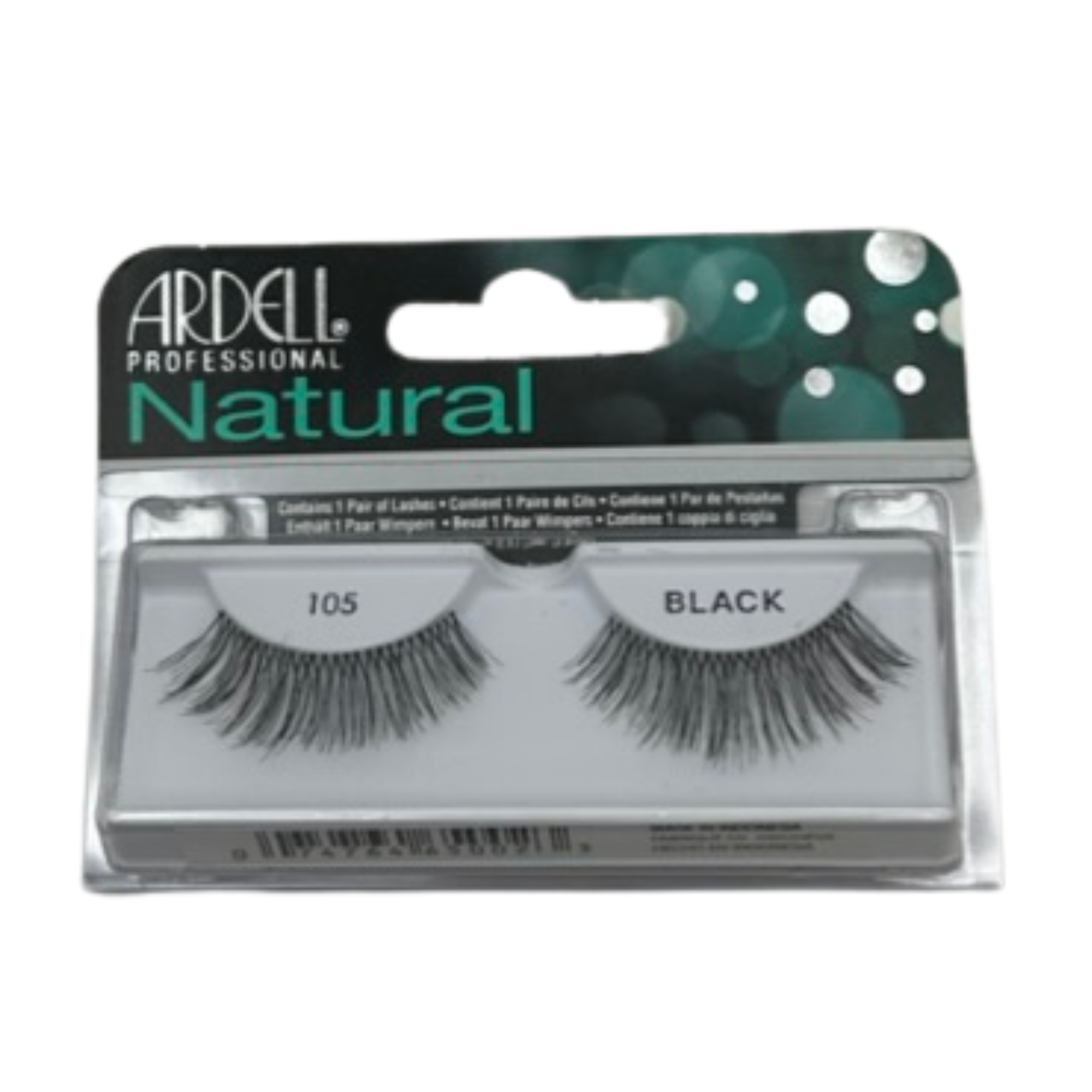 Boîtier transparent de la marque Ardell, modèle Natural 105. Les faux-cils noirs sont posés sur un support blanc, montrant une bande invisible transparente pour un effet naturel.