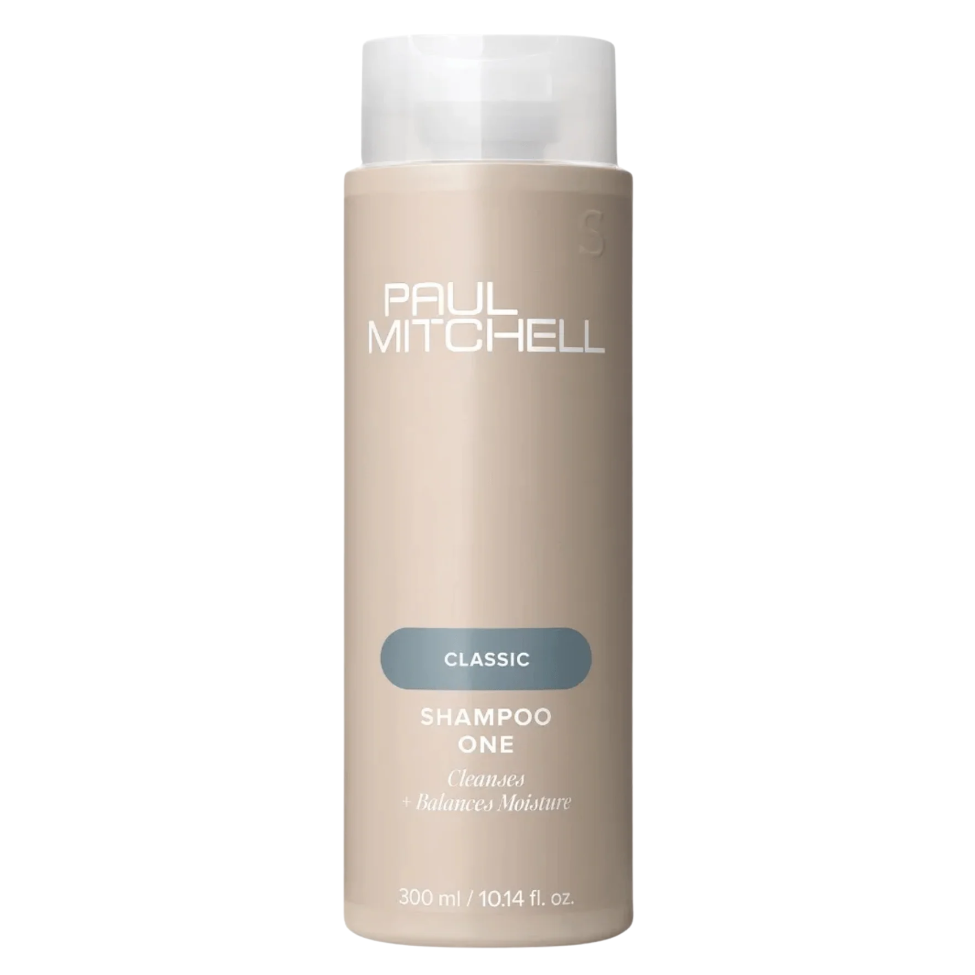 Bouteille beige de shampoing Paul Mitchell Shampoo One 300ml : étiquette bleu-gris, pour nettoyer et équilibrer l'hydratation de tous les types de cheveux.
