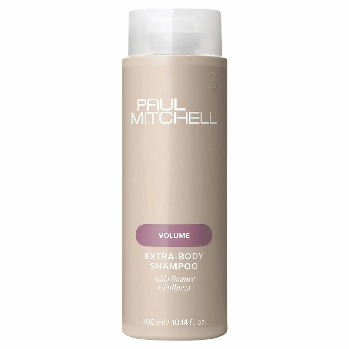 Bouteille beige de shampoing Paul Mitchell Extra-Body 300ml : étiquette mauve, pour ajouter du volume, du rebond et de la plénitude aux cheveux fins ou normaux.