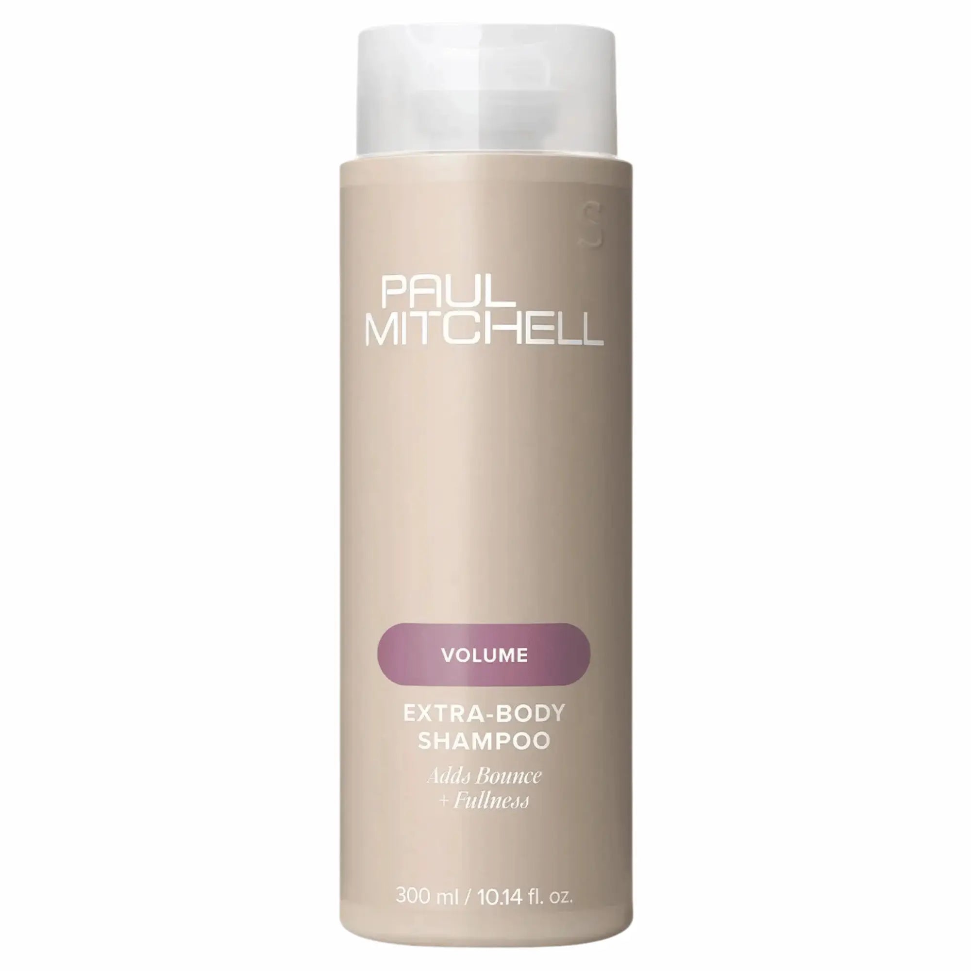 Bouteille beige de shampoing Paul Mitchell Extra-Body 300ml : étiquette mauve, pour ajouter du volume, du rebond et de la plénitude aux cheveux fins ou normaux.