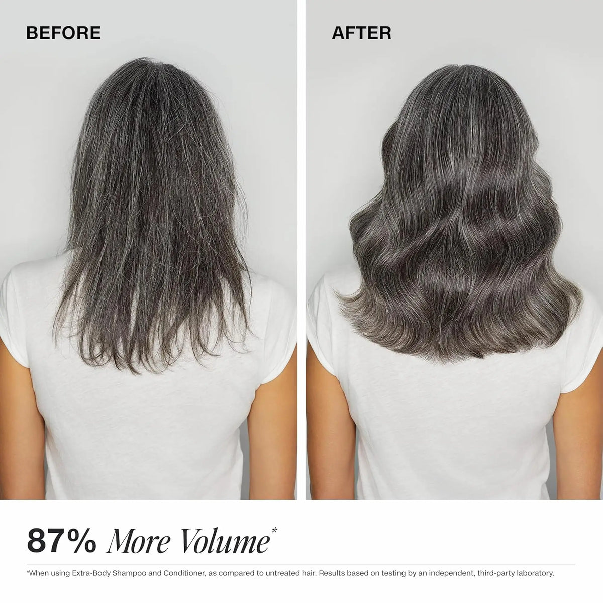 Bouteille beige de shampoing Paul Mitchell Extra-Body  : étiquette mauve, pour ajouter du volume, du rebond et de la plénitude aux cheveux fins ou normaux.