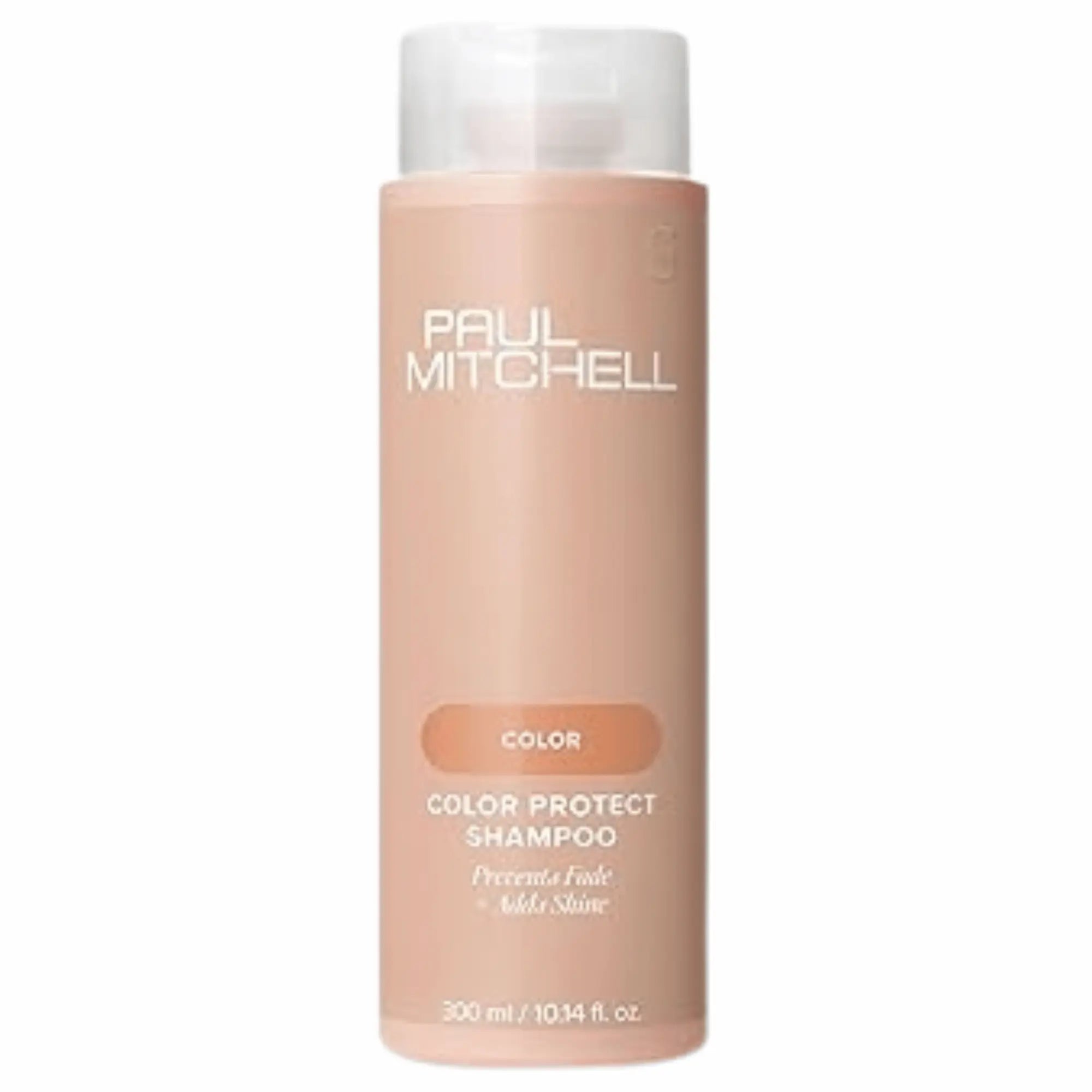 Flacon de shampoing Paul Mitchell Color Protect 300ml : couleur pêche avec bouchon blanc, pour protéger la couleur des cheveux et ajouter de la brillance.