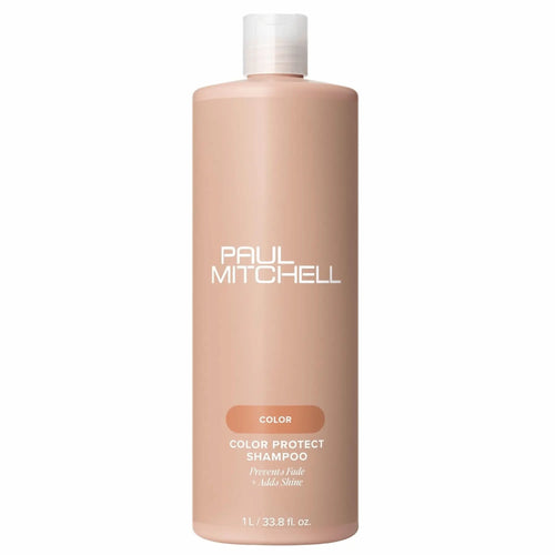 Flacon de shampoing Paul Mitchell Color Protect 1L : couleur pêche avec bouchon blanc, pour protéger la couleur des cheveux et ajouter de la brillance.
