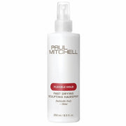 Flacon blanc de laque Paul Mitchell Fast Drying Sculpting Hairspray 250ml : tenue flexible, ajoute corps et brillance, avec une étiquette rouge.
