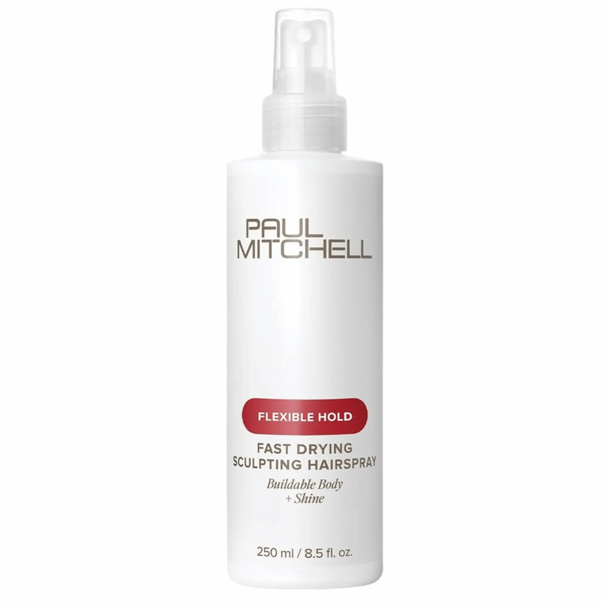 Flacon blanc de laque Paul Mitchell Fast Drying Sculpting Hairspray 250ml : tenue flexible, ajoute corps et brillance, avec une étiquette rouge.