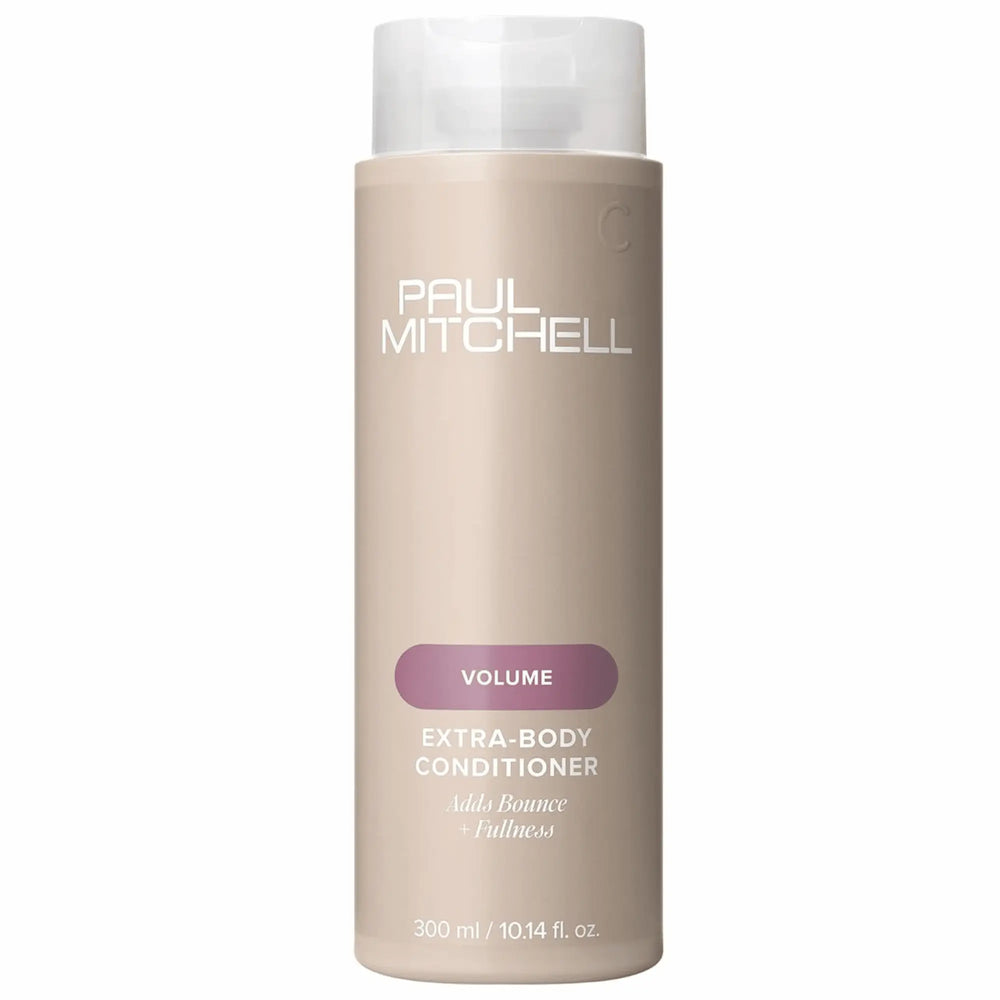 Bouteille beige de revitalisant Paul Mitchell Extra-Body  300ml : étiquette mauve, pour ajouter du rebond et de la plénitude aux cheveux fins ou normaux.