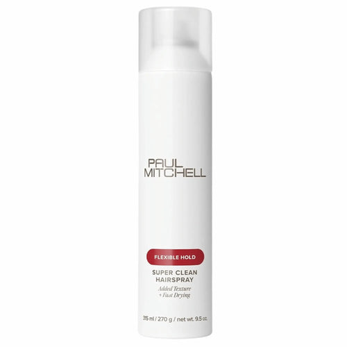 Bombe de laque Paul Mitchell Super Clean Flexible Hold 315 ml : blanche avec une étiquette rouge, offrant une tenue flexible et une texture ajoutée.
