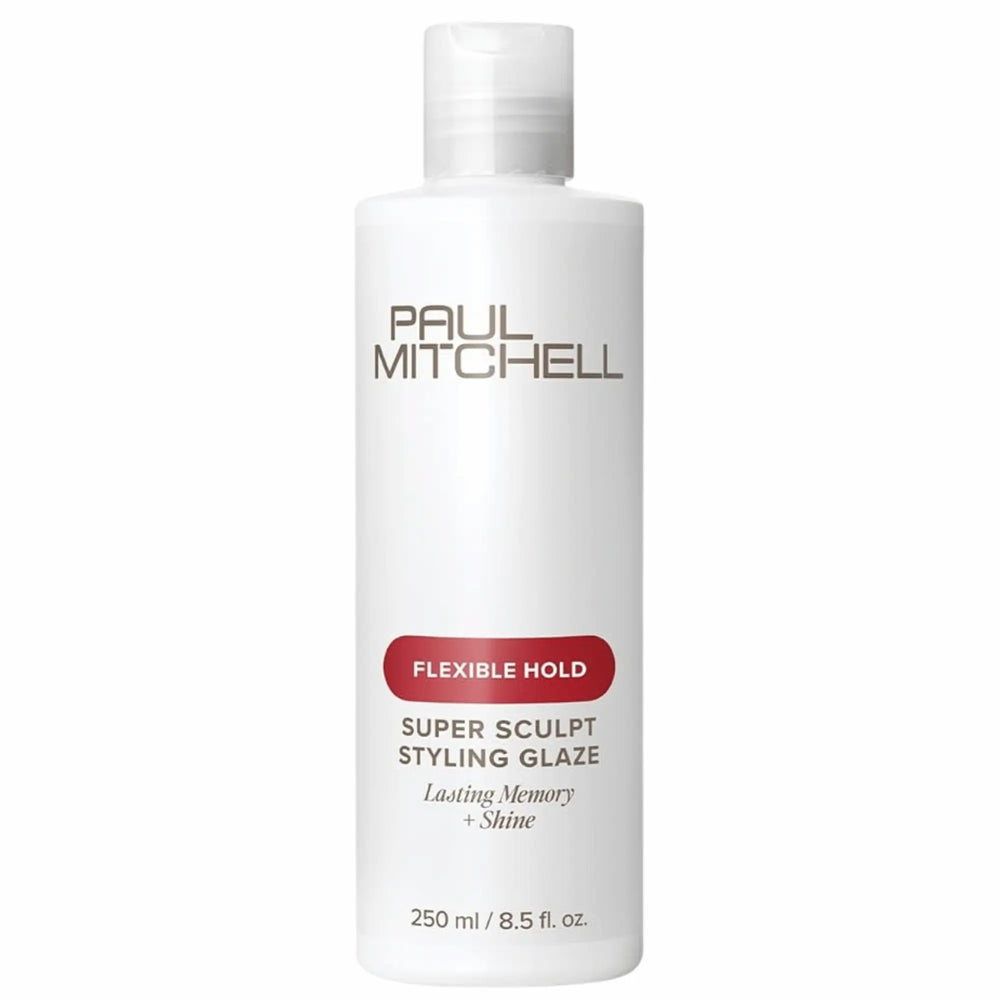 Bouteille blanche de glaçage coiffant Paul Mitchell Super Sculpt 250 ml: tenue flexible, pour une mémoire durable, du corps et de la brillance, avec une étiquette rouge.