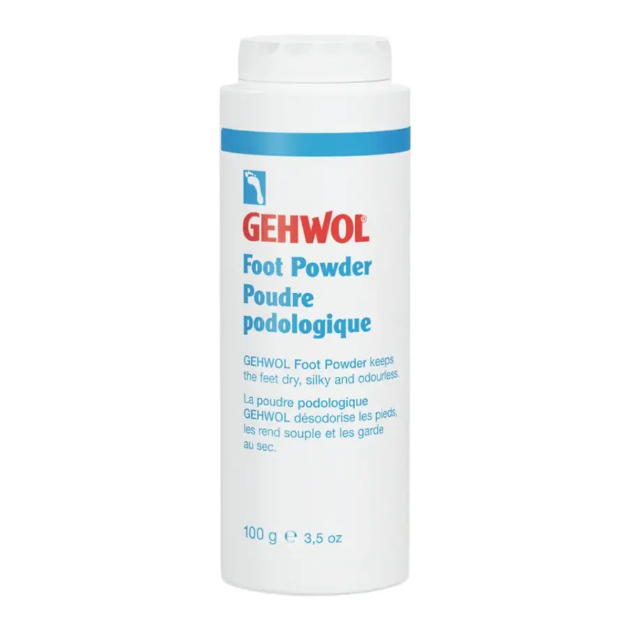 Poudre podologique Gehwol en format bouteille 100g pour le soin des pieds, efficace contre l'humidité, la transpiration et les mauvaises odeurs.