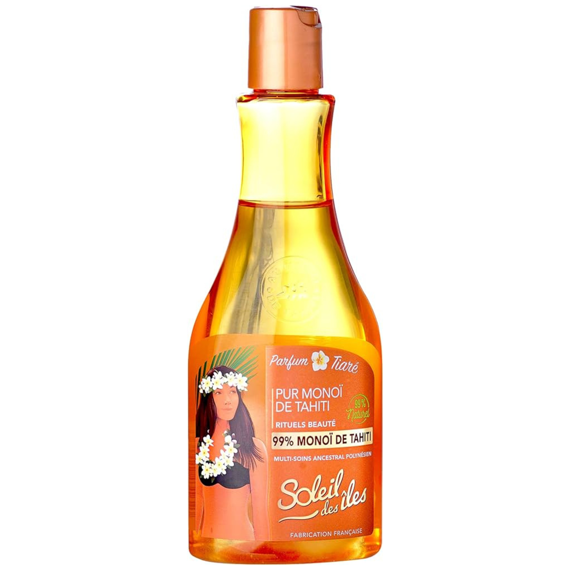 Bouteille de Pur 99% Monoï de Tahiti Ultra Bronzage, soin naturel multi-usage pour corps et cheveux, fabriqué en France avec Appellation d'Origine.