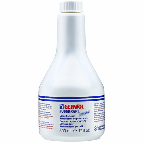 Flacon de solution liquide transparente pour ramollisseur de peau cornée, avec un bouchon applicateur, posé à côté d'une râpe plantaire.