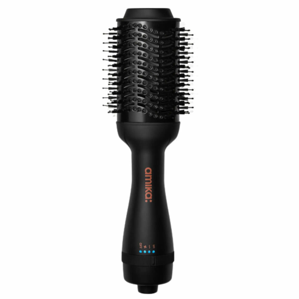 Brosse séchoir 2-en-1 amika Hair 2.0 de couleur noir avec barillet ovale noir, outil de coiffure professionnel pour brushing volumineux.