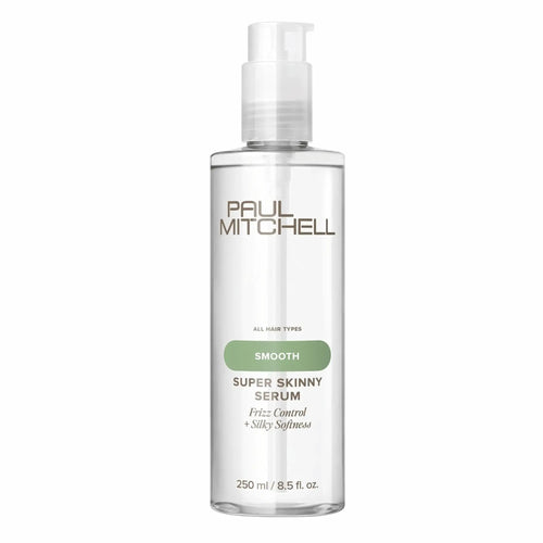 Bouteille transparente de sérum Paul Mitchell Super Skinny 250ml : contrôle des frisottis et douceur soyeuse, avec bouchon pompe blanc.